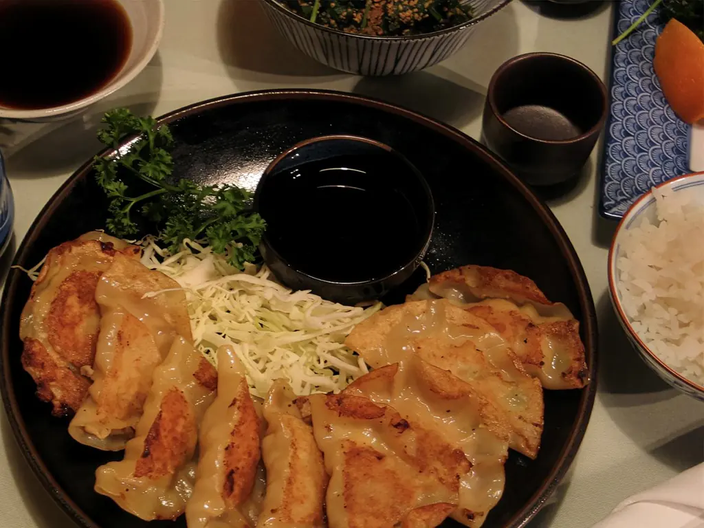 Pan fried gyoza with shredded cabbage and dipping sauce